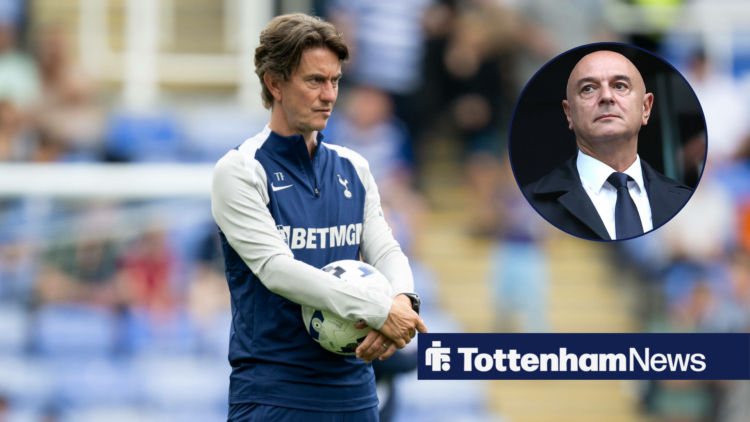 Tottenham manager Thomas Frank looks concernedly at Daniel Levy who stares back from a circular inset.