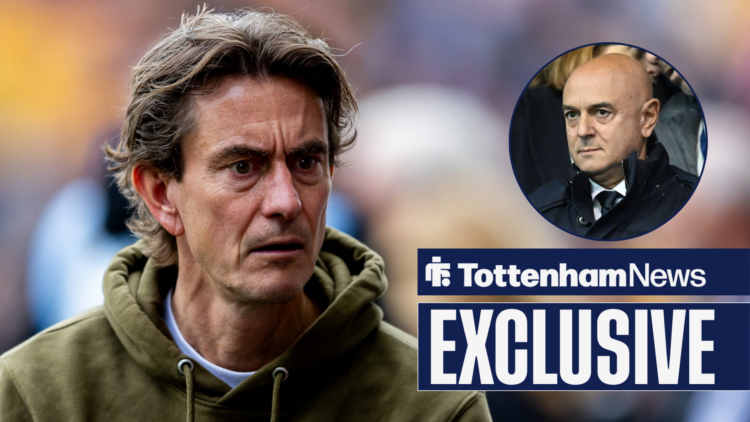 Tottenham News exclusive as Tottenham manager Thomas Frank stares at Daniel Levy, who looks down imposingly from a circular inset.