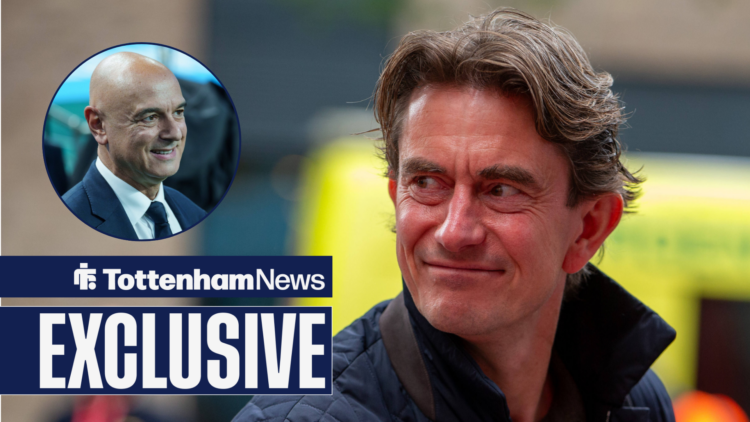 Tottenham News exclusive as Thomas Frank grins at Daniel Levy, who smiles back from a circular inset.