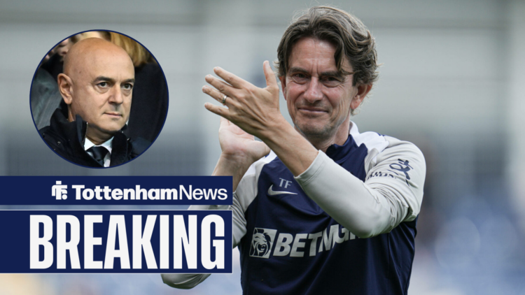 Breaking News as Tottenham manager Thomas Frank applauds in the direction of Daniel Levy.