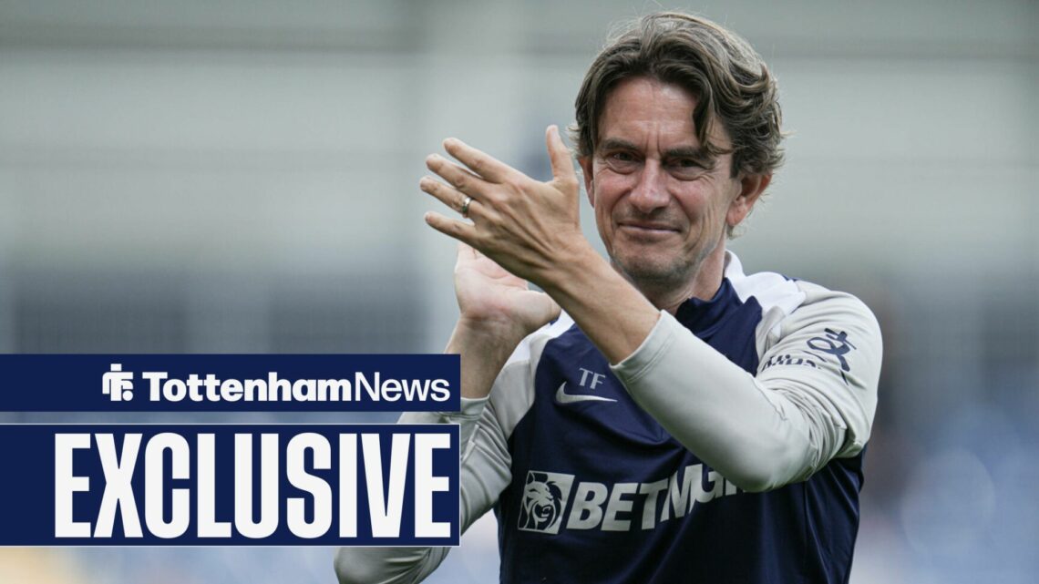 Tottenham News exclusive as Spurs manager Thomas Frank smiles and applauds after a game.