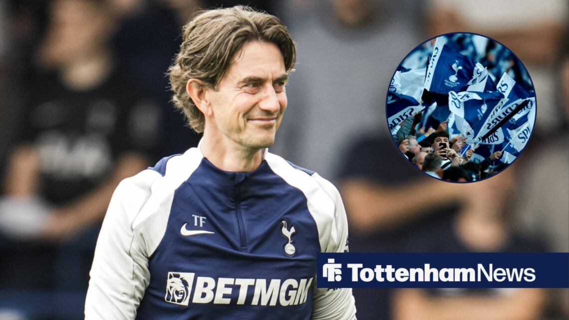 Tottenham mamnager Thomas Frank smiles in the direction of Tottenham fans, who wave flags in a circular inset.