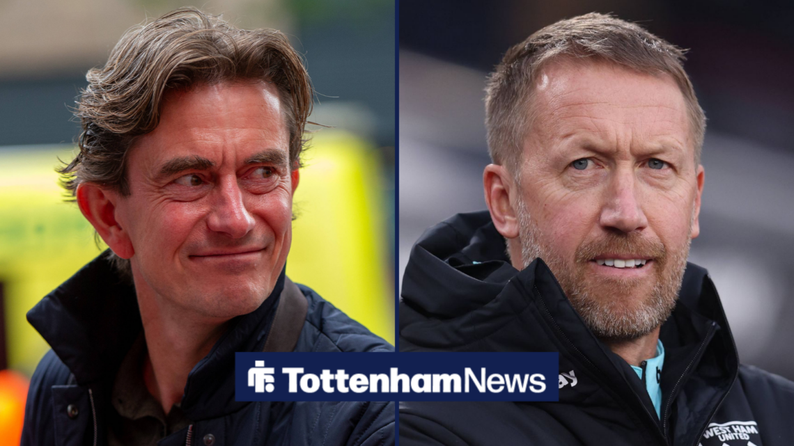 A split image as Tottenham manager Thomas Frank smiles across at West Ham boss Graham Potter who looks concerned.