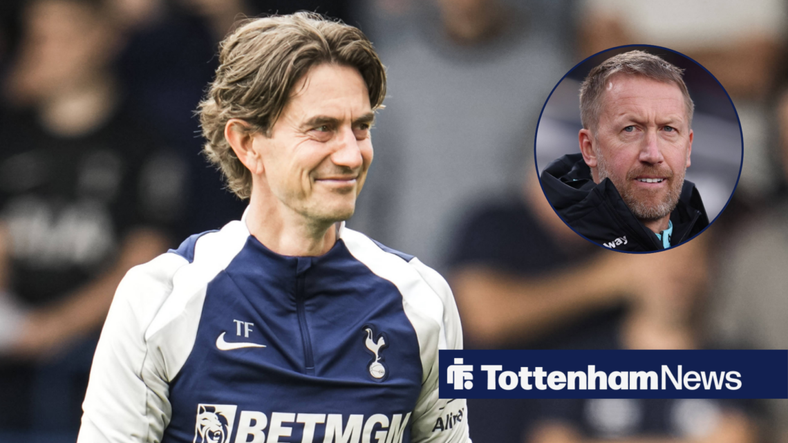 Tottenham manager Thomas Frank smiles in the direction of West Ham manager Graham Potter, who meets his gaze in a circular inset.