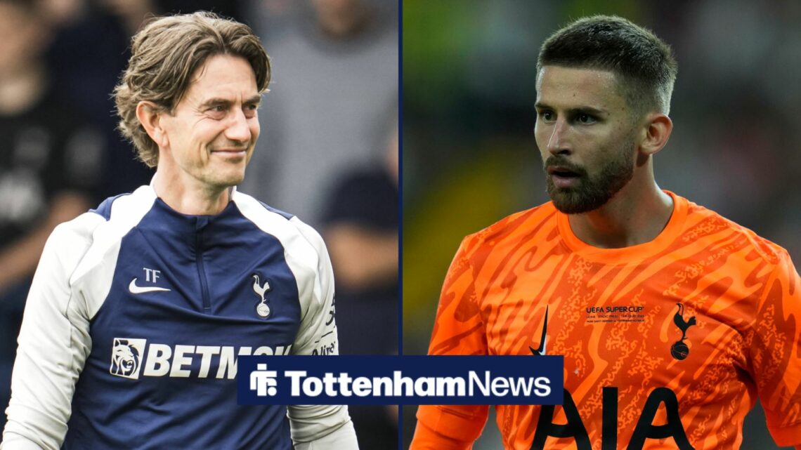 A split image as Tottenham manager Thomas Frank smiles across at goalkeeper Guglielmo Vicario.