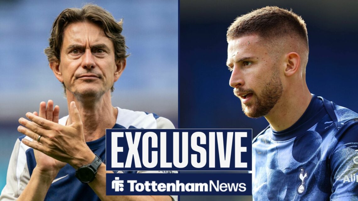 Tottenham News exclusive as Thomas Frank applauds with a stern expression in the left half of the image, while Guglielmo Vicario stares back at him...