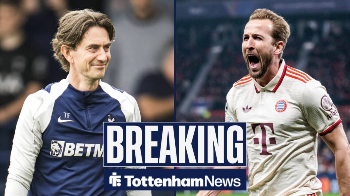 Breaking news as Tottenham manager Thomas Frank smiles across a split image towards Bayern Munich forward Harry Kane, who celebrates a goal in the ...