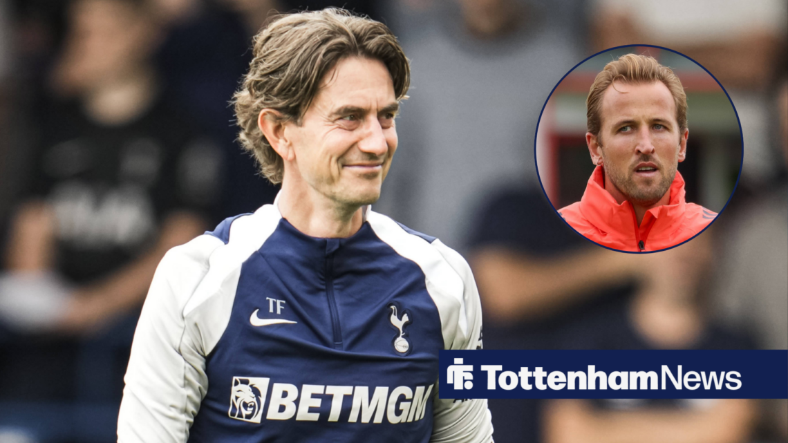 Tottenham manager Thomas Frank smiles across at Bayern Munich striker Harry Kane, who features in a circular inset.