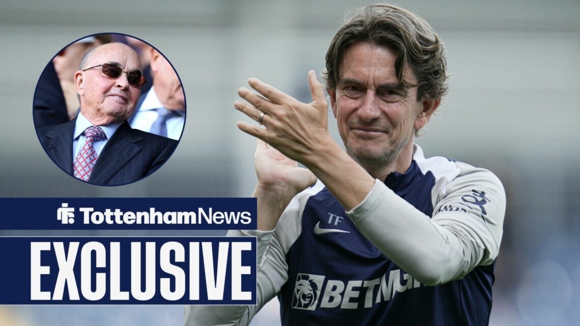 Tottenham News exclusive as Thomas Frank smiles and applauds in the direction of ENIC owner Joe Lewis, who features in a circular inset.