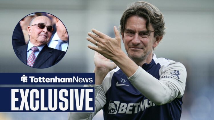 Tottenham News exclusive as Thomas Frank smiles and applauds in the direction of ENIC owner Joe Lewis, who features in a circular inset.