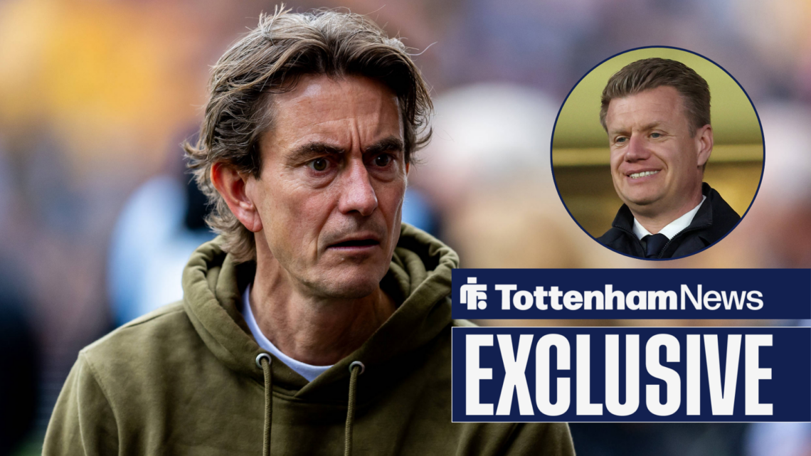 Tottenham News exclusive as Thomas Frank stares angrily at Tottenham technical director Johan Lange, who looks on from a circular inset.