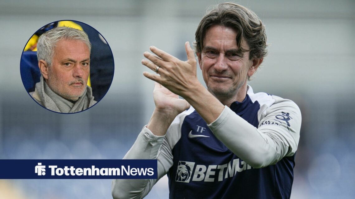 Tottenham manager Thomas Frank applauds in the direction of Jose Mourinho, who watches on from a circular inset.