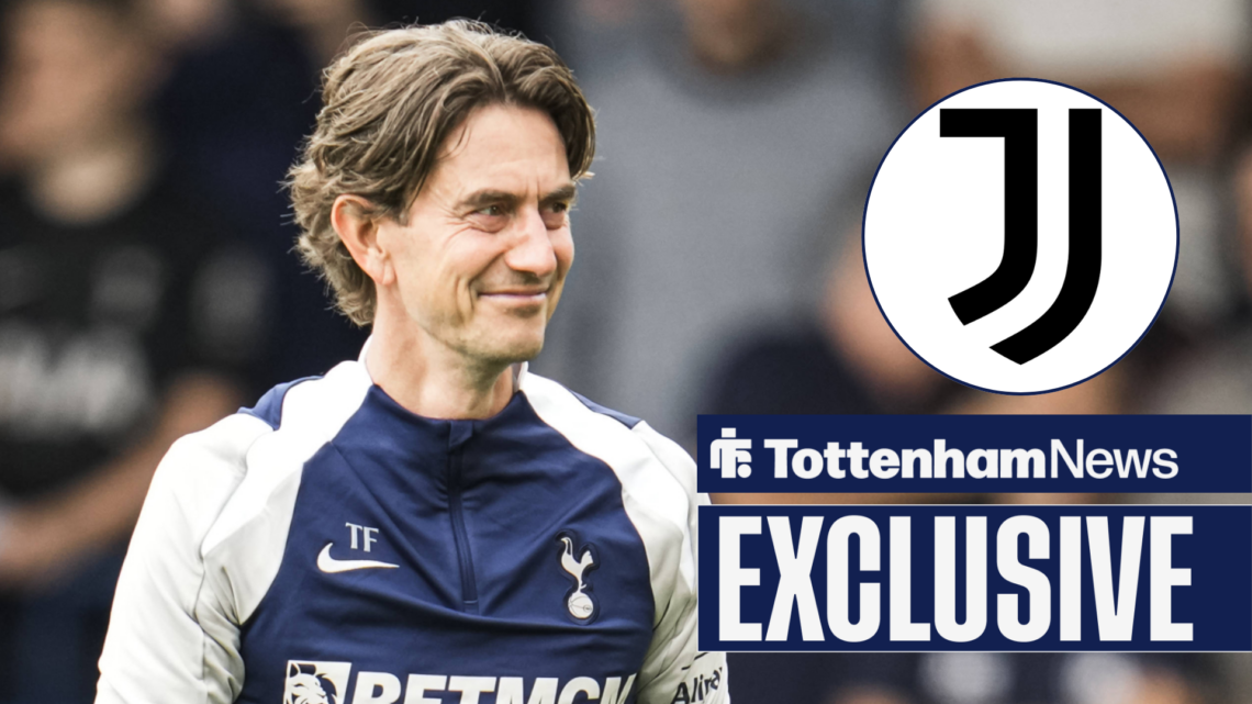 Tottenham News exclusive as Tottenham manager Thomas Frank smiles smugly across at the Juventus badge, which features in a circular inset.