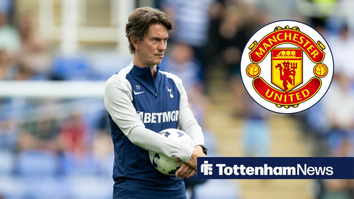 Tottenham manager Thomas Frank stares concernedly towards the Manchester United badge, which features in a circular inset.
