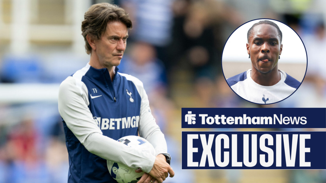 Tottenham News exclusive as Thomas Frank stares frustratedly at Mathys Tel, who puts his tongue out in frustration in a circular inset.