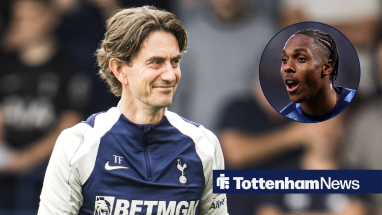 Tottenham manager Thomas Frank smiles across at Mathys Tel, who grins in a circular inset.