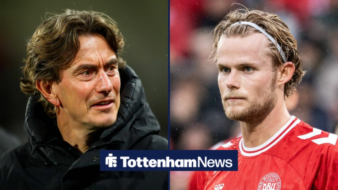 A split image as Tottenham manager Thomas Frank smiles across at Morten Hjulmand, who is in action for Denmark.