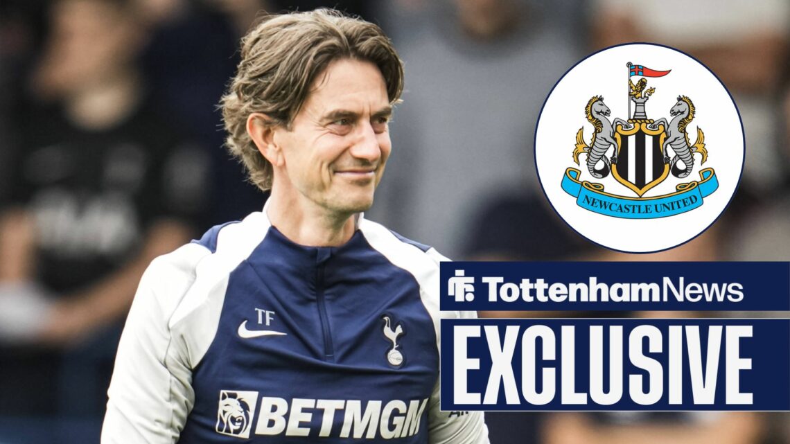 Tottenham News exclusive as Thomas Frank smiles towards the Newcastle United badge, which features in a circular inset.