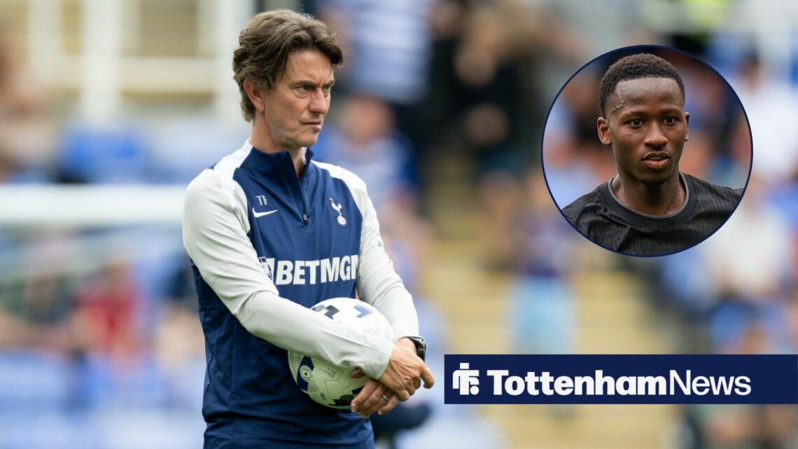 Tottenham manager Thomas Frank stares concernedly at Pape Sarr, who is in action in a circular inset.