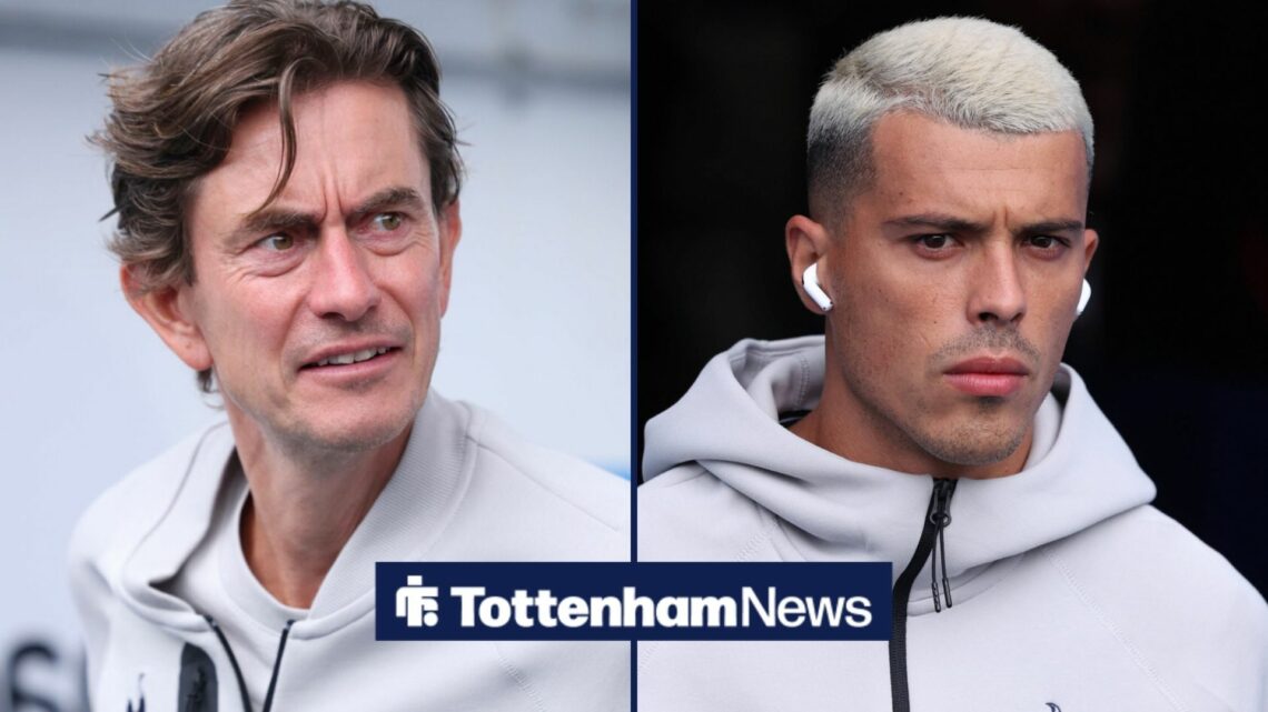 A split image as Tottenham manager Thomas Frank stares across at Pedro Porro, who has headphones in while arriving at a game.