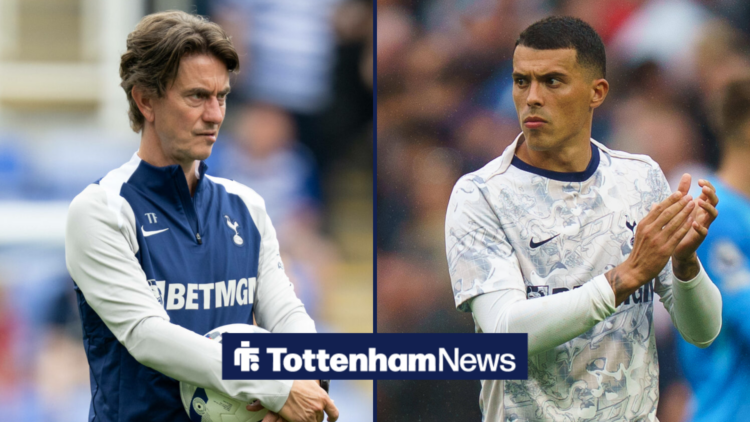 A split image as Tottenham manager Thomas Frank stares concernedly across at Pedro Porro, who applauds with a stern expression.