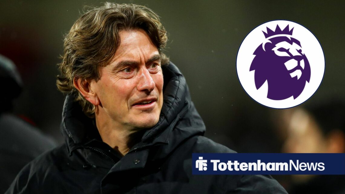 Tottenham manager Thomas Frank smiles in the direction of the Premier League badge, which features in a circular inset on the right of the image.