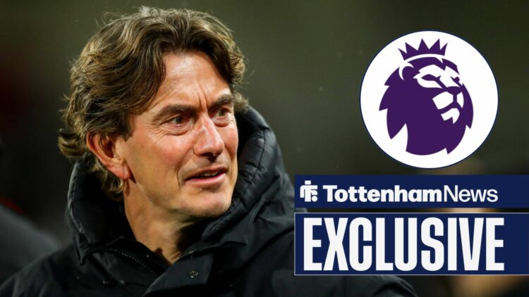 Tottenham News exclusive as Thomas Frank smiles in the direction of the Premier League badge, which features in a circular inset on the right of th...
