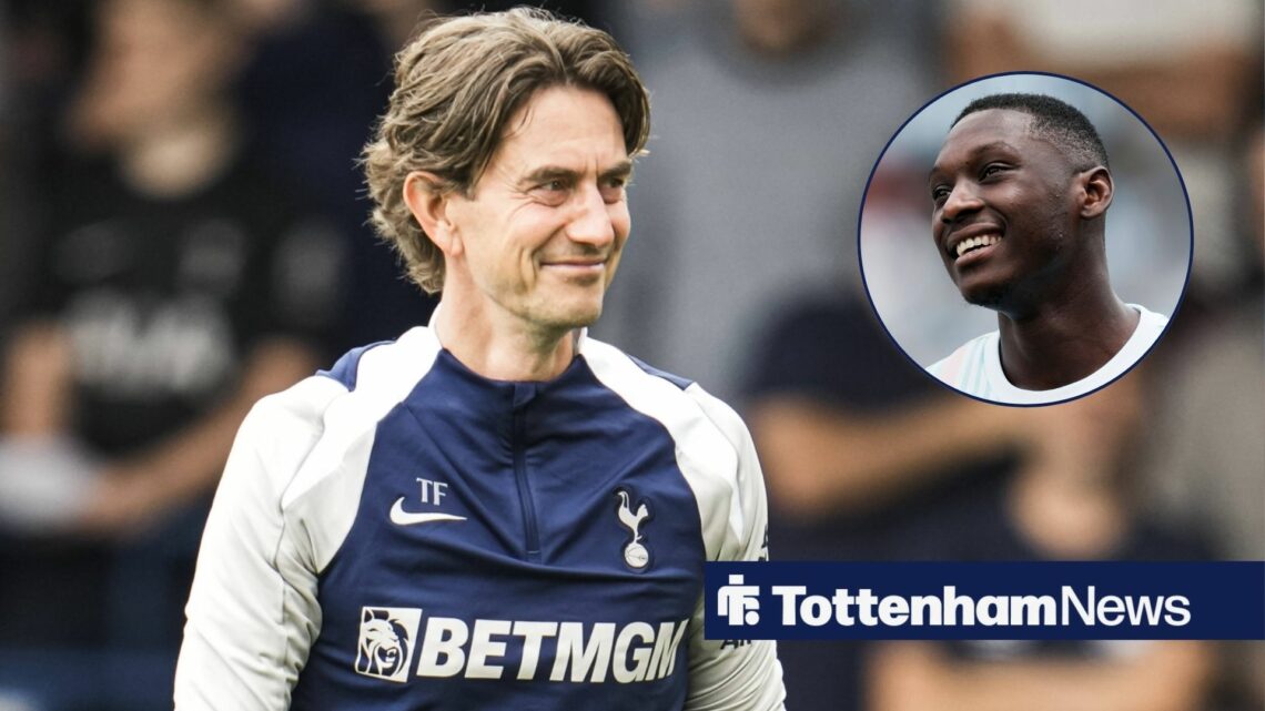 Tottenham manager Thomas Frank smiles in the direction of striker Randal Kolo Muani, who grins in a circular inset.