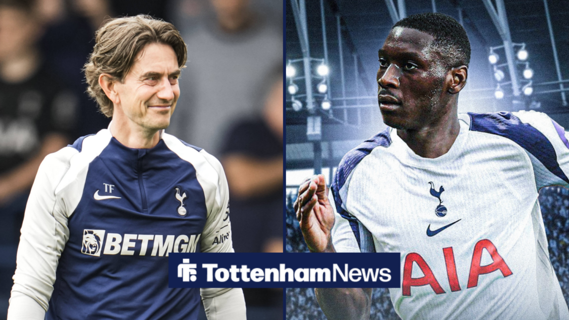A split image as Tottenham manager Thomas Frank smiles across at Randal Kolo Muani.