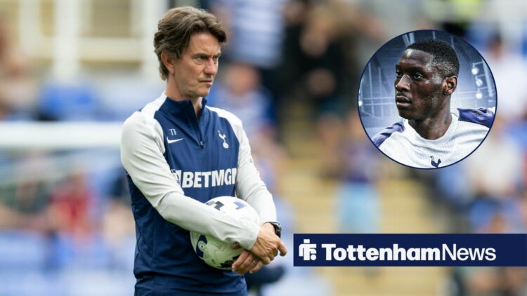 Tottenham manager Thomas Frank stares concernedly in the direction of Randal Kolo Muani, who is in action in a circular inset.