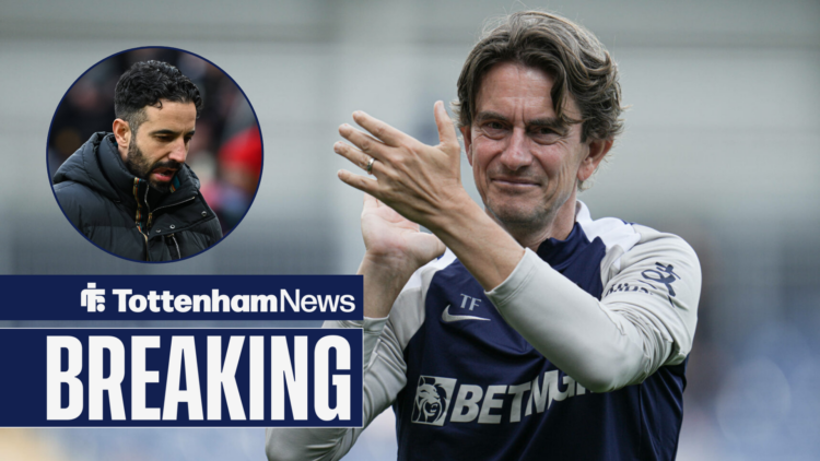 Breaking News as Tottenham manager Thomas Frank smiles and applauds while Manchester United manager Ruben Amorim stares at the ground in a circular...