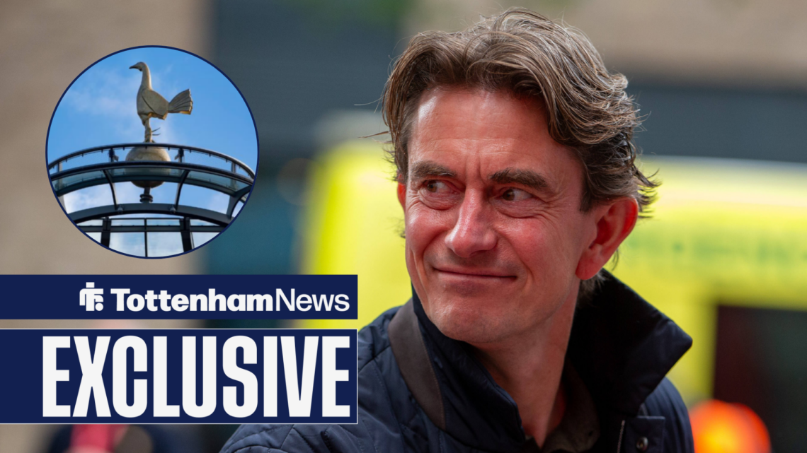 Tottenham News exclusive as Thomas Frank smiles in the direction of a circular inset whcih features the cockerel on the roof of the Tottenham Hotsp...