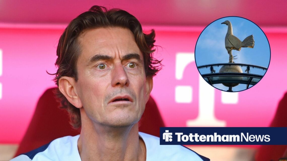 Tottenham manager Thomas Frank stares concernedly towards a circular inset, whcih features the cockerel on the roof of the Tottenham Hotspur Stadium.