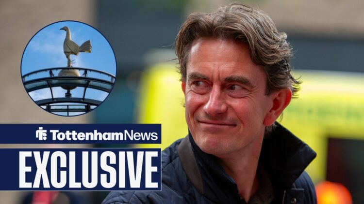 Tottenham News exclusive as Thomas Frank smiles towards the cockerel at Hotspur Way, which features in a circular inset.