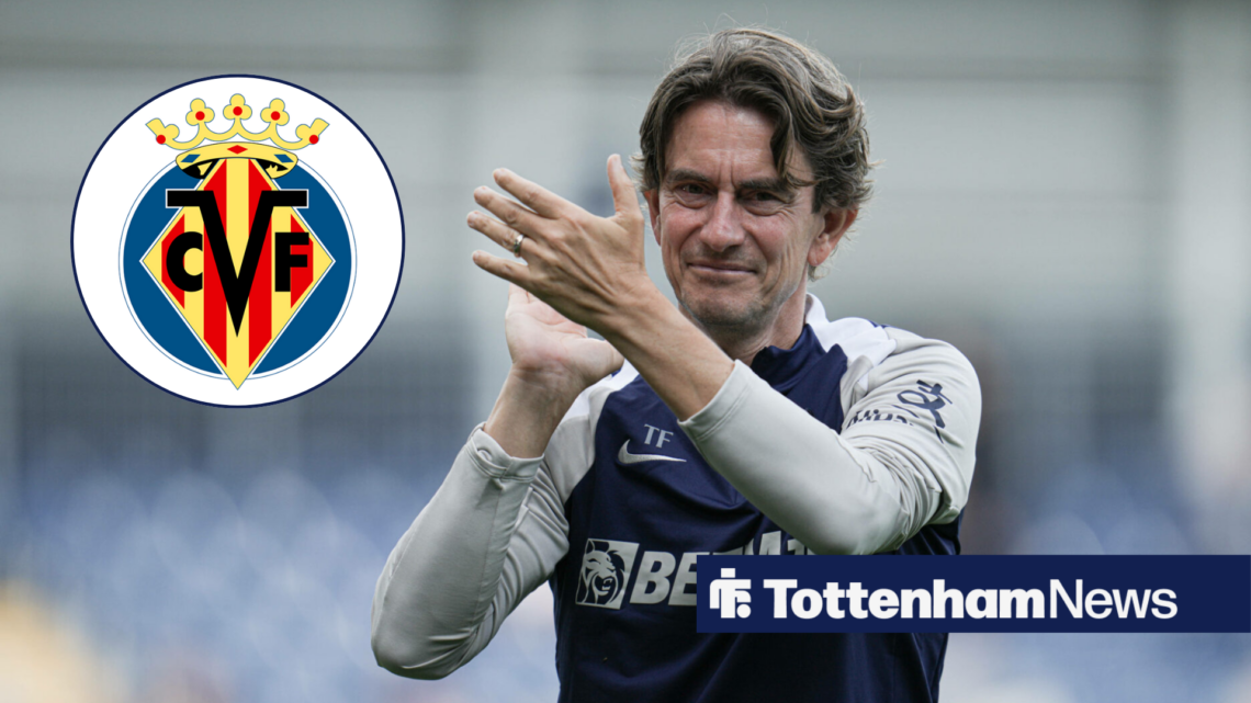 Tottenham manager Thomas Frank applauds in the direction of the Villarreal badge, which features in a circular inset on the left of the image.