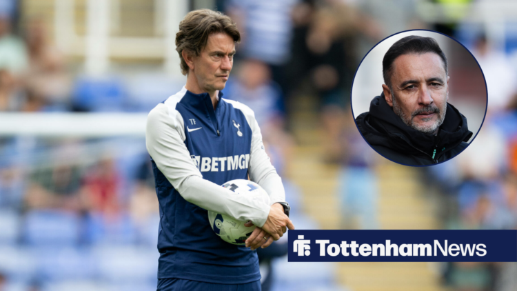 Tottenham manager Thomas Frank stares frustratedly at Wolves manager Vitor Pereira, who features in a circular inset.