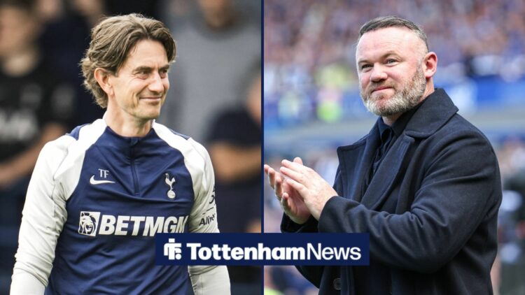 A split image as Tottenham manager Thomas Frank smiles across at Wayne Rooney, who applauds on the right side of the image.