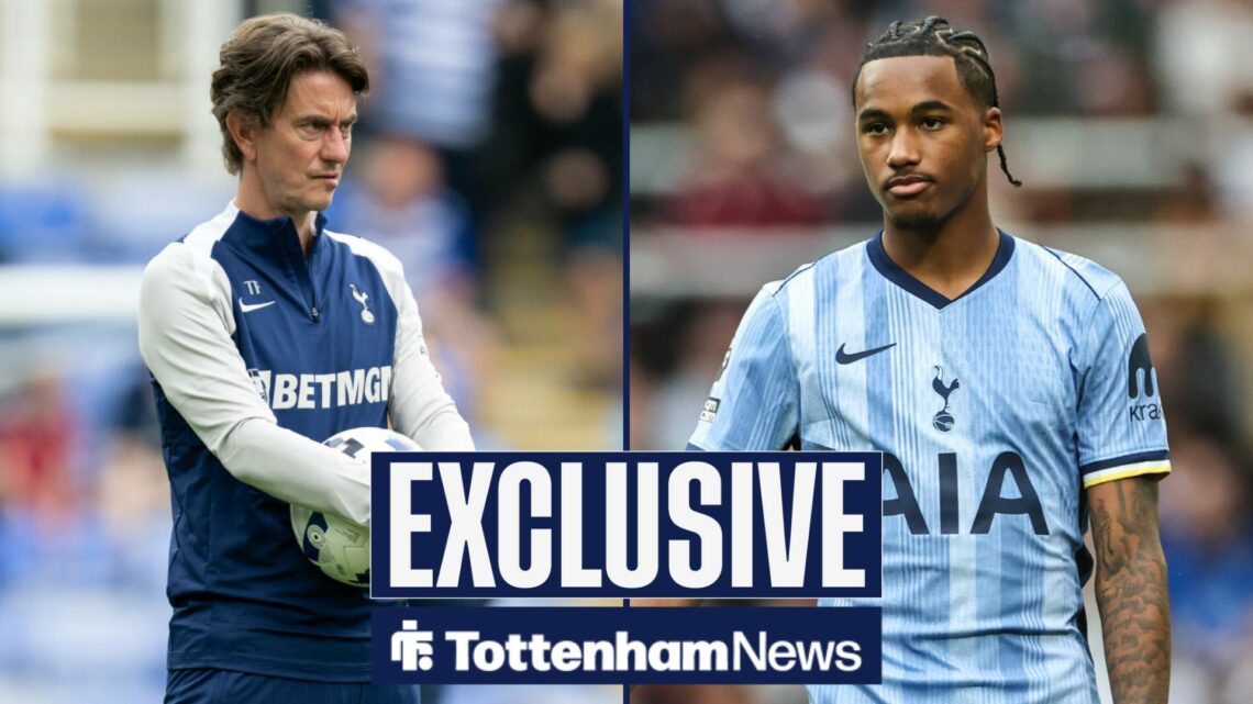 Tottenham News exclusive as Thomas Frank stares concernedly at Wilson Odobert, who is in action in the right half of the image.