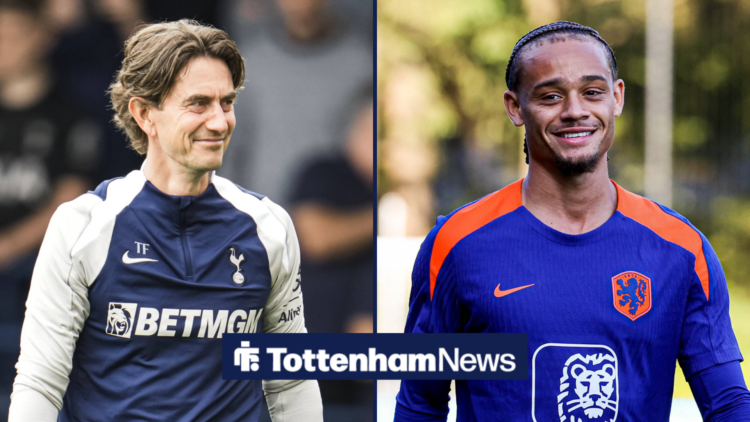 A split image with Tottenham manager Thomas Frank smiling across at Xavi Simons, who grins while wearing Holland training kit.