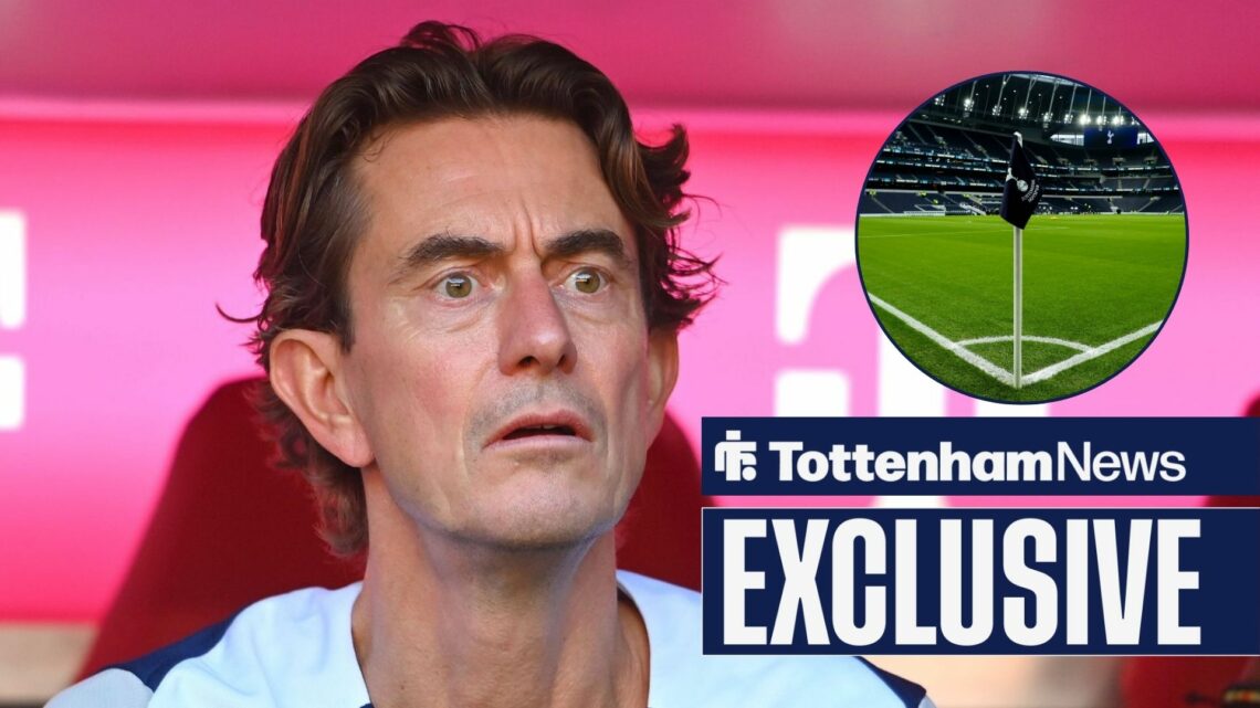 Tottenham News exclusive as Spurs manager Thomas Frank stares concernedly towards a circular inset, which features a corner flag at the Tottenham H...