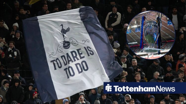 Tottenham fans with banner supporting their club and UEFA Champions League Cup in circular inset