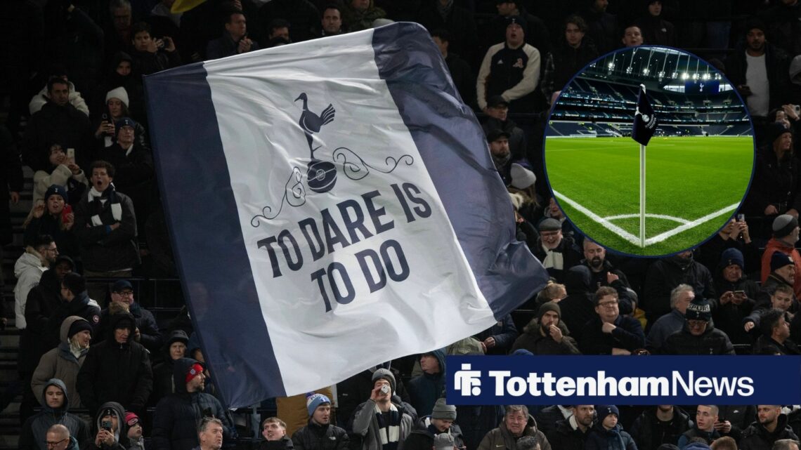Tottenham fans wave a giant flag with the club's motto as the Tottenham Hotspur Stadium features in a circular inset.