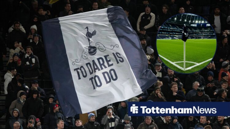 Tottenham fans wave a giant flag with the club's motto as the Tottenham Hotspur Stadium features in a circular inset.