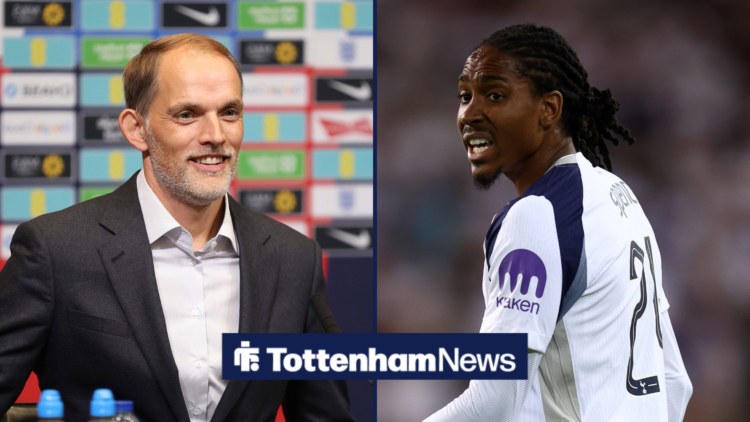 England coach Thomas Tuchel smiling at Djed Spence in spit screen