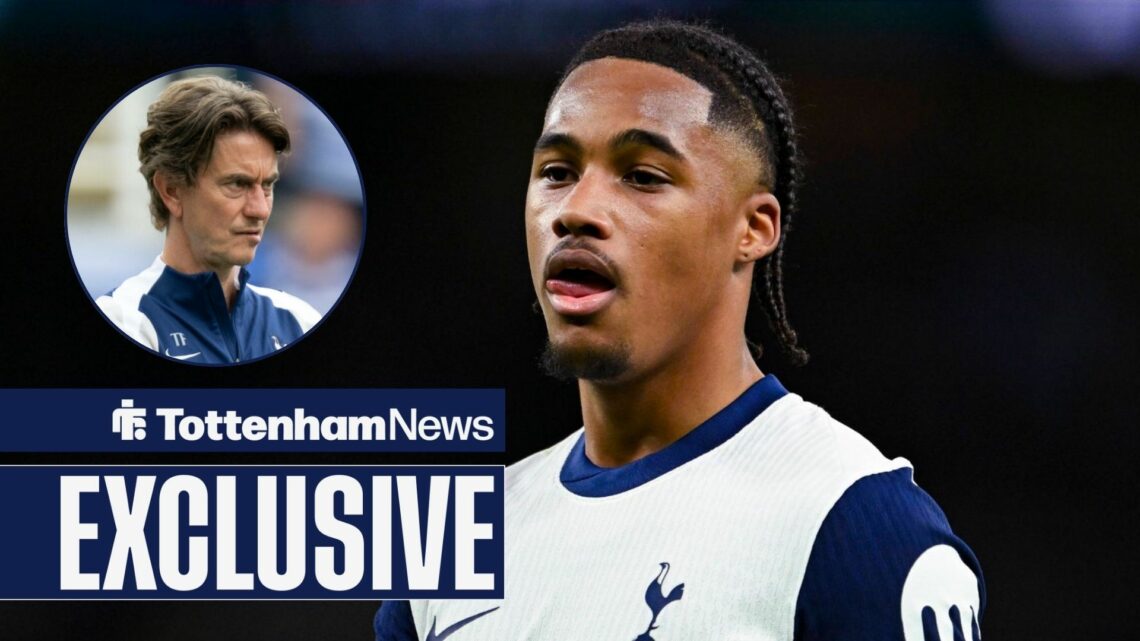 Tottenham News exclusive as Wilson Odobert stares expectantly towards a circular inset, where Tottenham manager Thomas Frank watches on with concern.