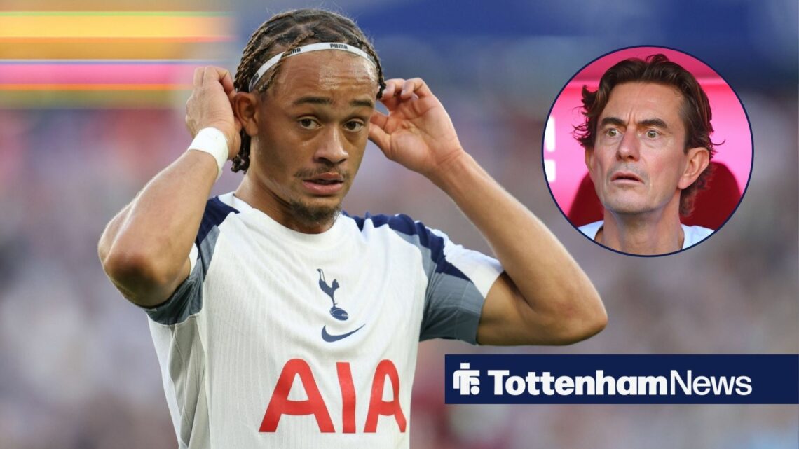 Tottenham star Xavi Simons adjusts his headband during a game, as Thomas Frank watches on from a circular inset.