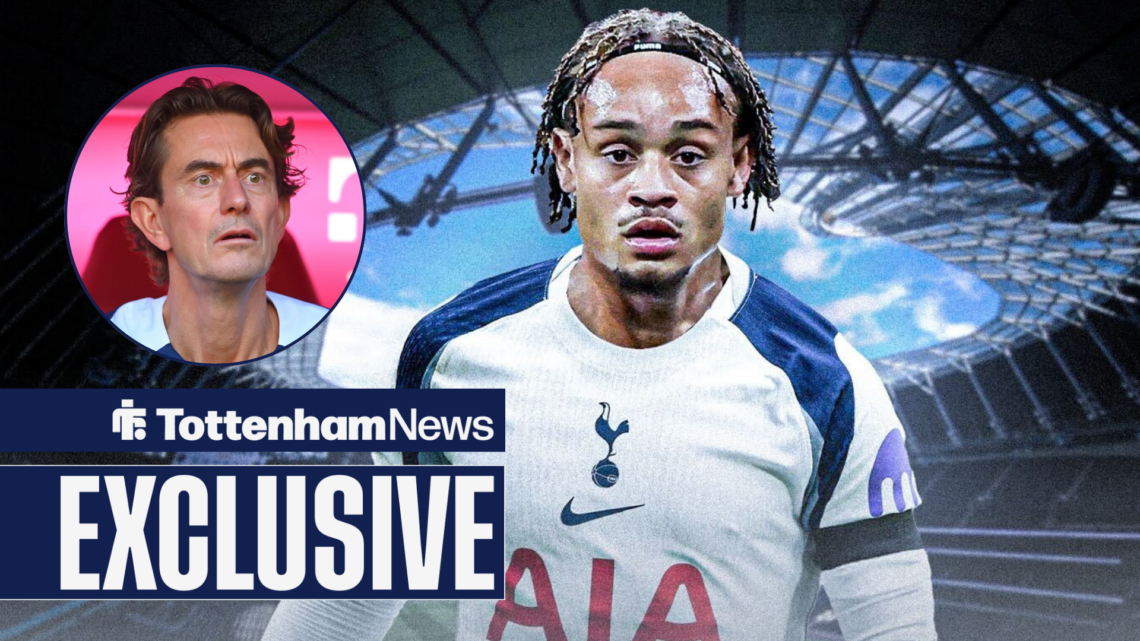 Tottenham news exclusive as Spurs star Xavi Simons is in action, while Thomas Frank watches on with a confused expression in a circular inset.