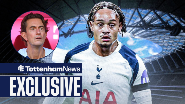 Tottenham news exclusive as Spurs star Xavi Simons is in action, while Thomas Frank watches on with a confused expression in a circular inset.