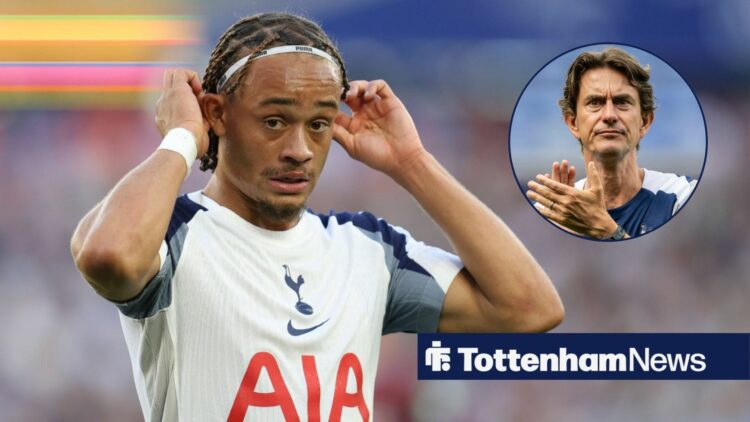 Tottenham star Xavi Simons adjusts his headbad during a game, while manager Thomas Frank applauds in a circular inset.