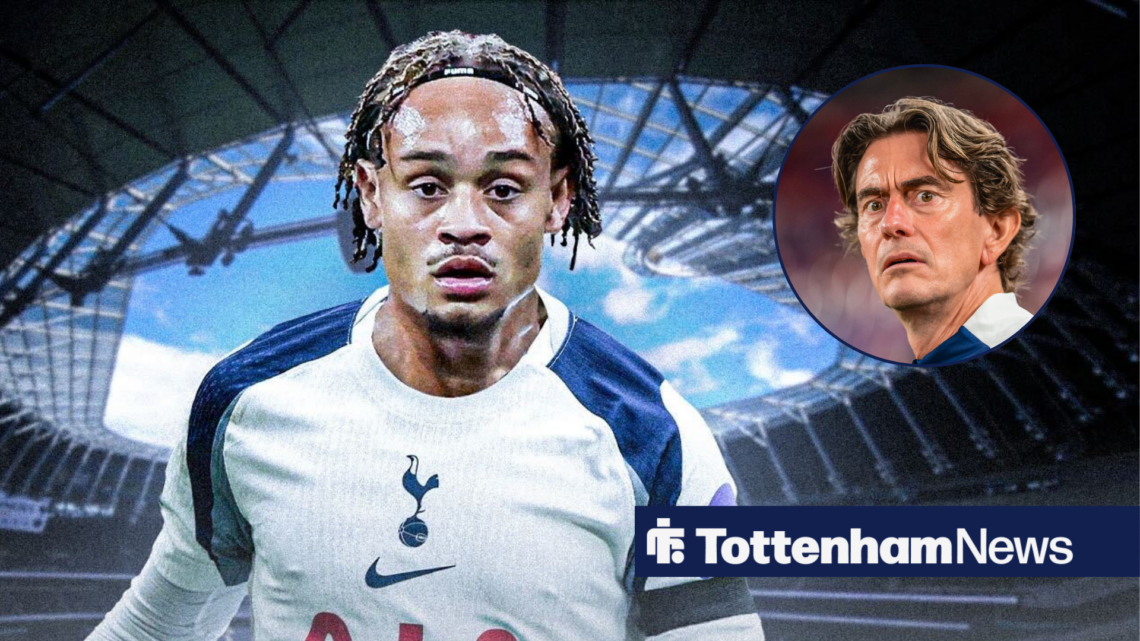 Tottenham midfielder Xavi Simons in full kit and Thomas Frank in circular inset